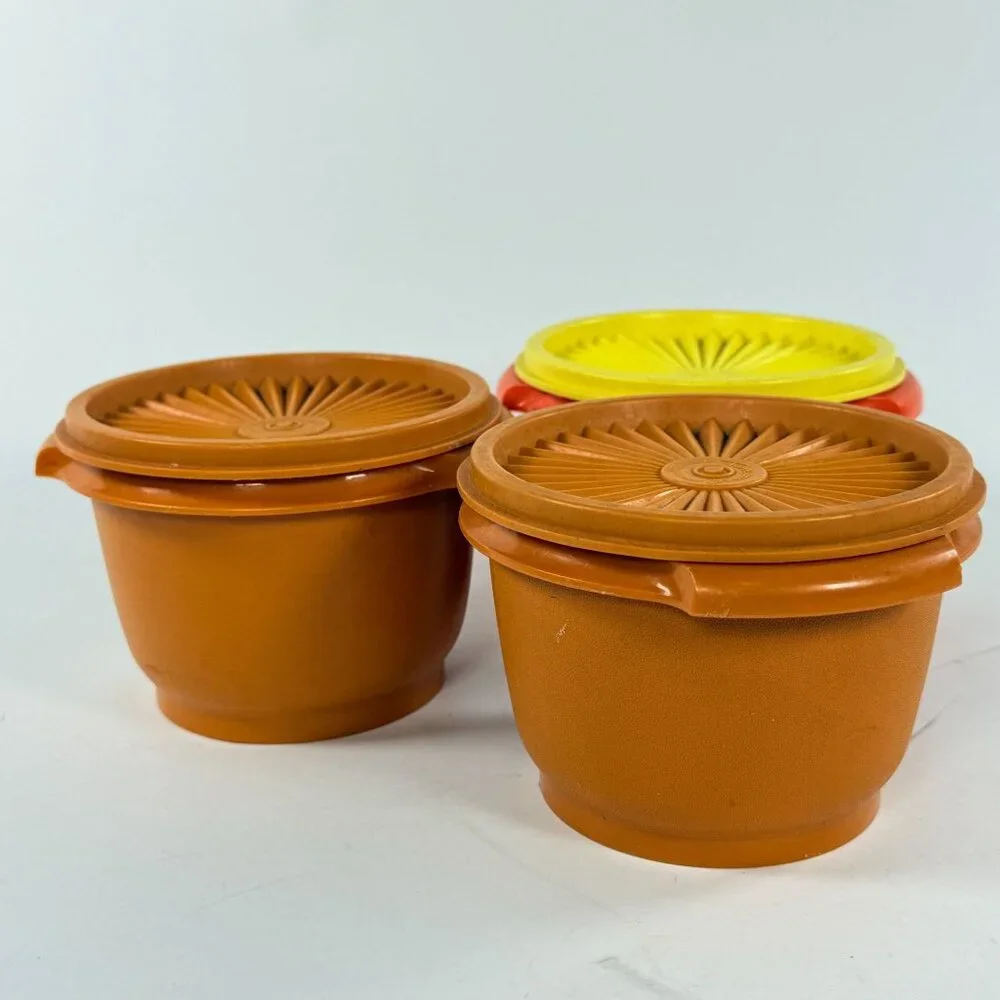 Vintage 3 Tupperware Servalier Bowls w/ Sunburst Lids Brown Yellow Orange 1970s